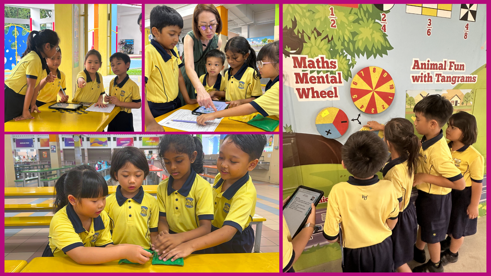 Young students in yellow uniforms engage in math activities including a spinning wheel and tangrams, guided by a teacher.